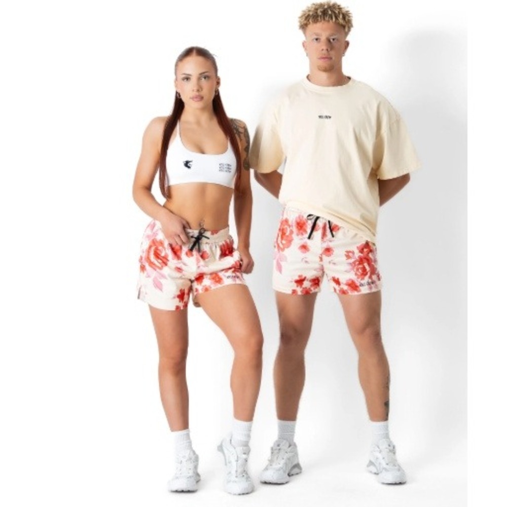Kill Crew Muay Thai Floral Mesh Athletic Shorts Cream Red Rose Print Small